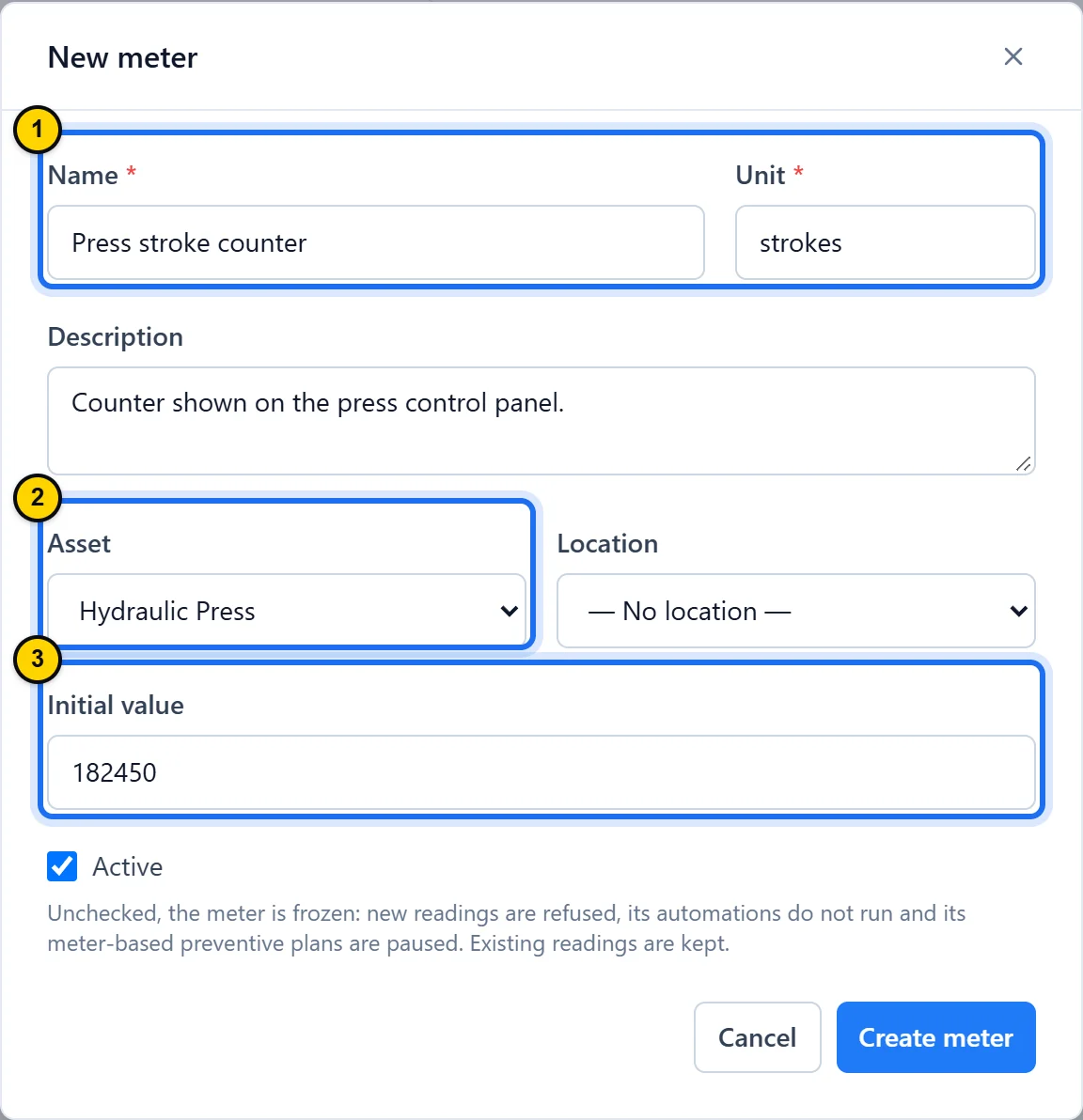 New meter form filled in: name “Press stroke counter,” unit strokes, a description, the Hydraulic Press asset and an initial value of 182,450.