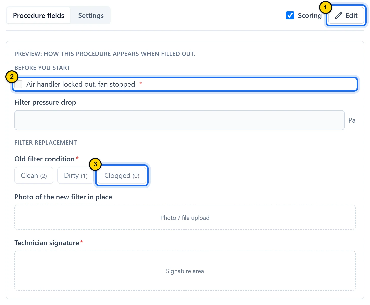 Procedure preview: two sections, a required checkbox, a reading in pascals, a scored inspection, a photo area and a required signature area.