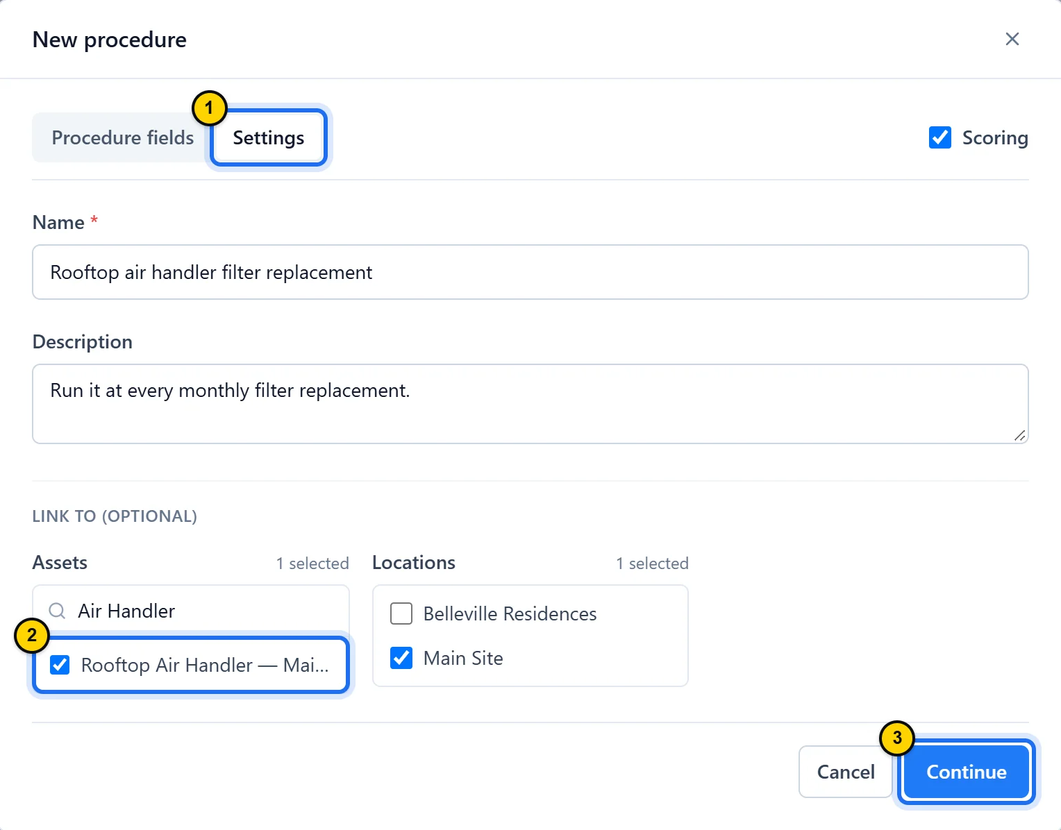 Settings tab of the New procedure window: name and description filled in, the Rooftop Air Handler asset and the Main Site location checked, Cancel and Continue buttons.