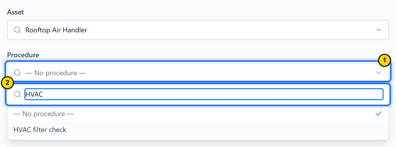 Work order edit form: the Rooftop Air Handler asset, and the Procedure field open with the search “HVAC” and the HVAC filter check procedure listed.