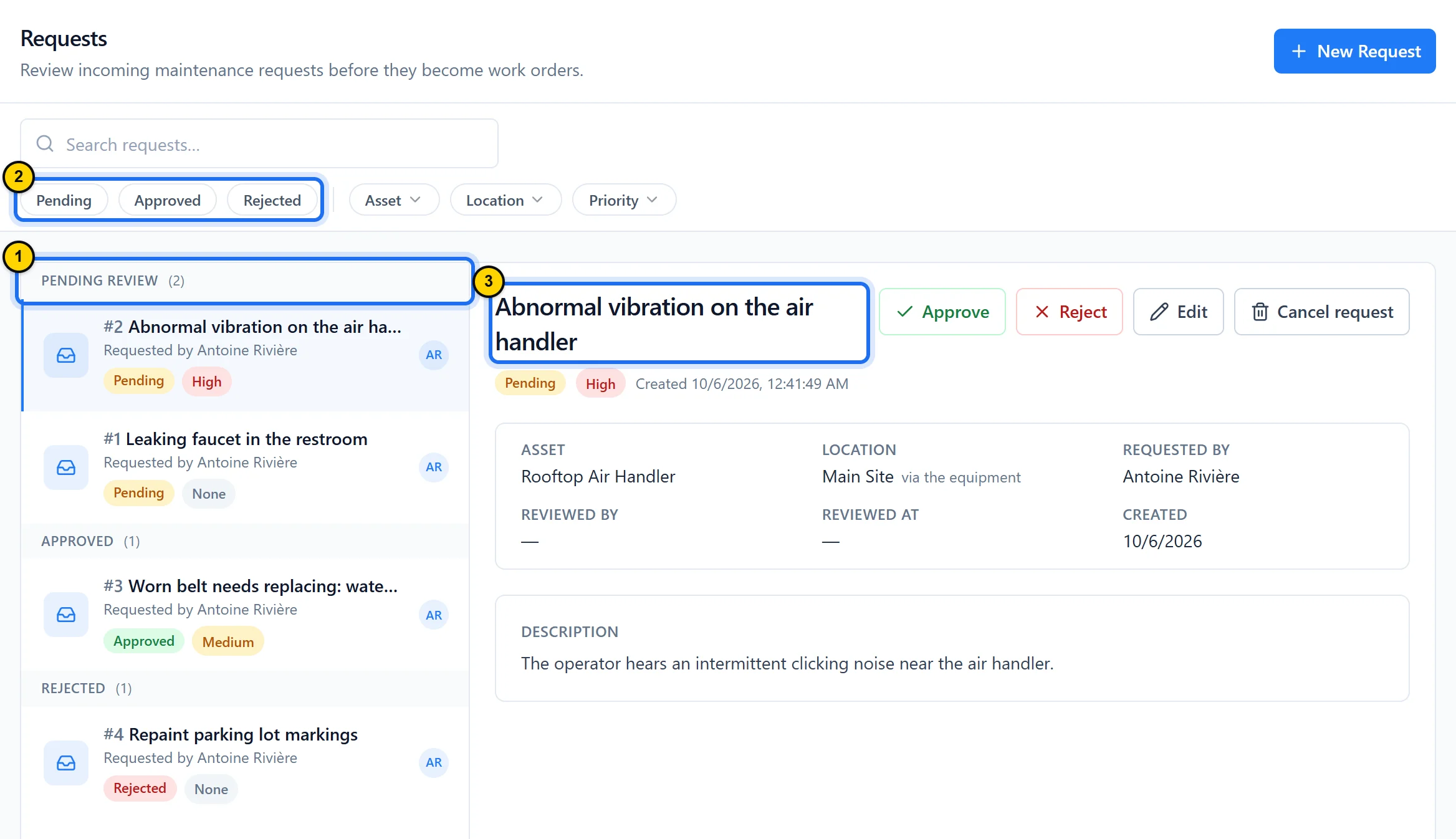 Requests module: on the left, the list grouped by status with its filters; on the right, an open pending request with its decision buttons.