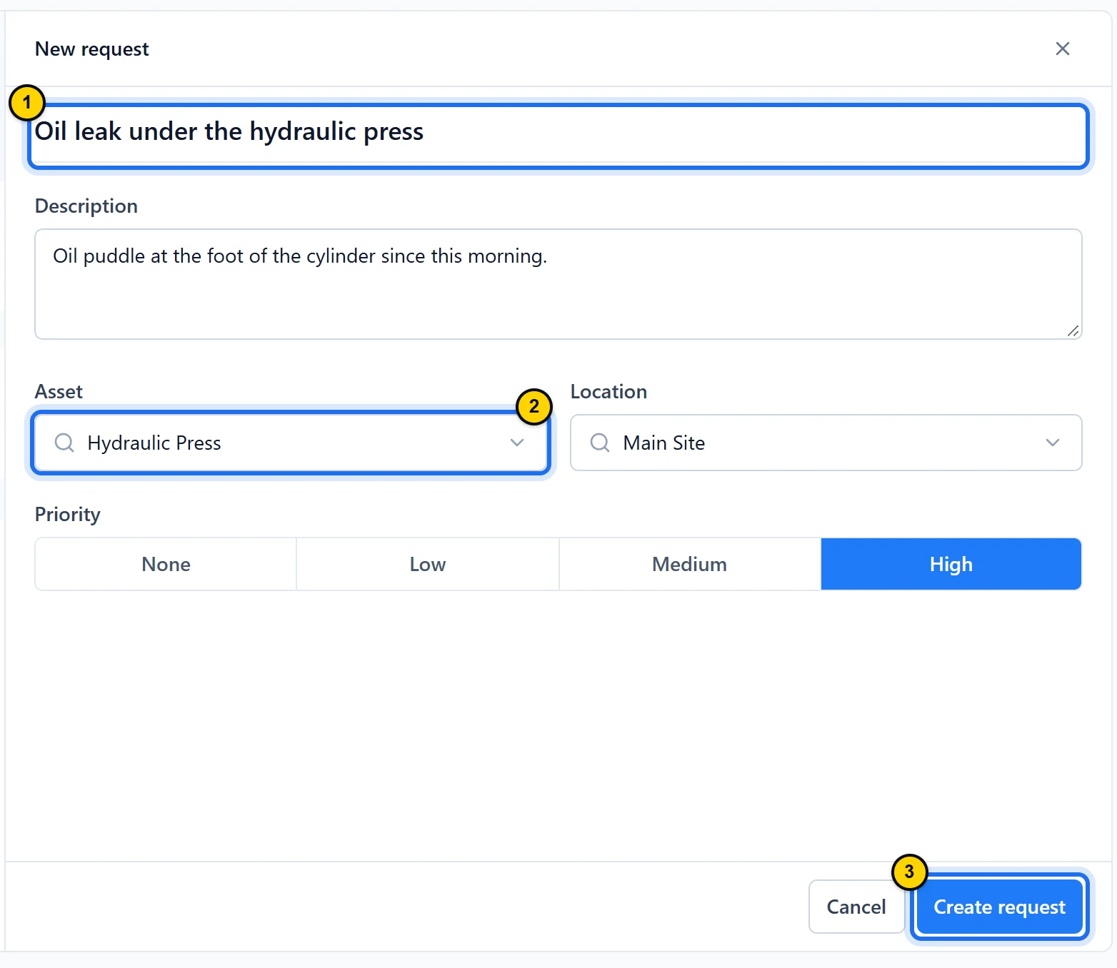 The “New request” form filled in: title, description, Hydraulic Press asset, Main Site location filled in automatically, High priority.