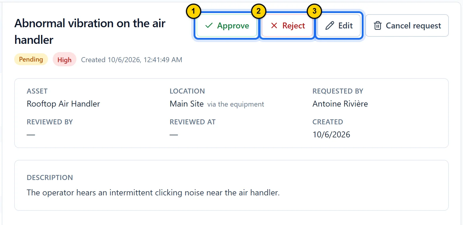 Open pending request: Approve, Reject, Edit and Cancel request buttons, then its asset, location, requester and description.
