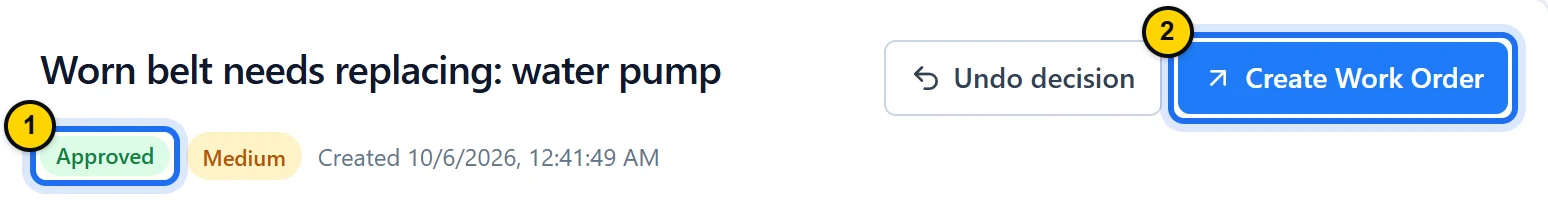 Header of an approved request: its title, the Undo decision and Create Work Order buttons, then the Approved and Medium badges and the creation date.