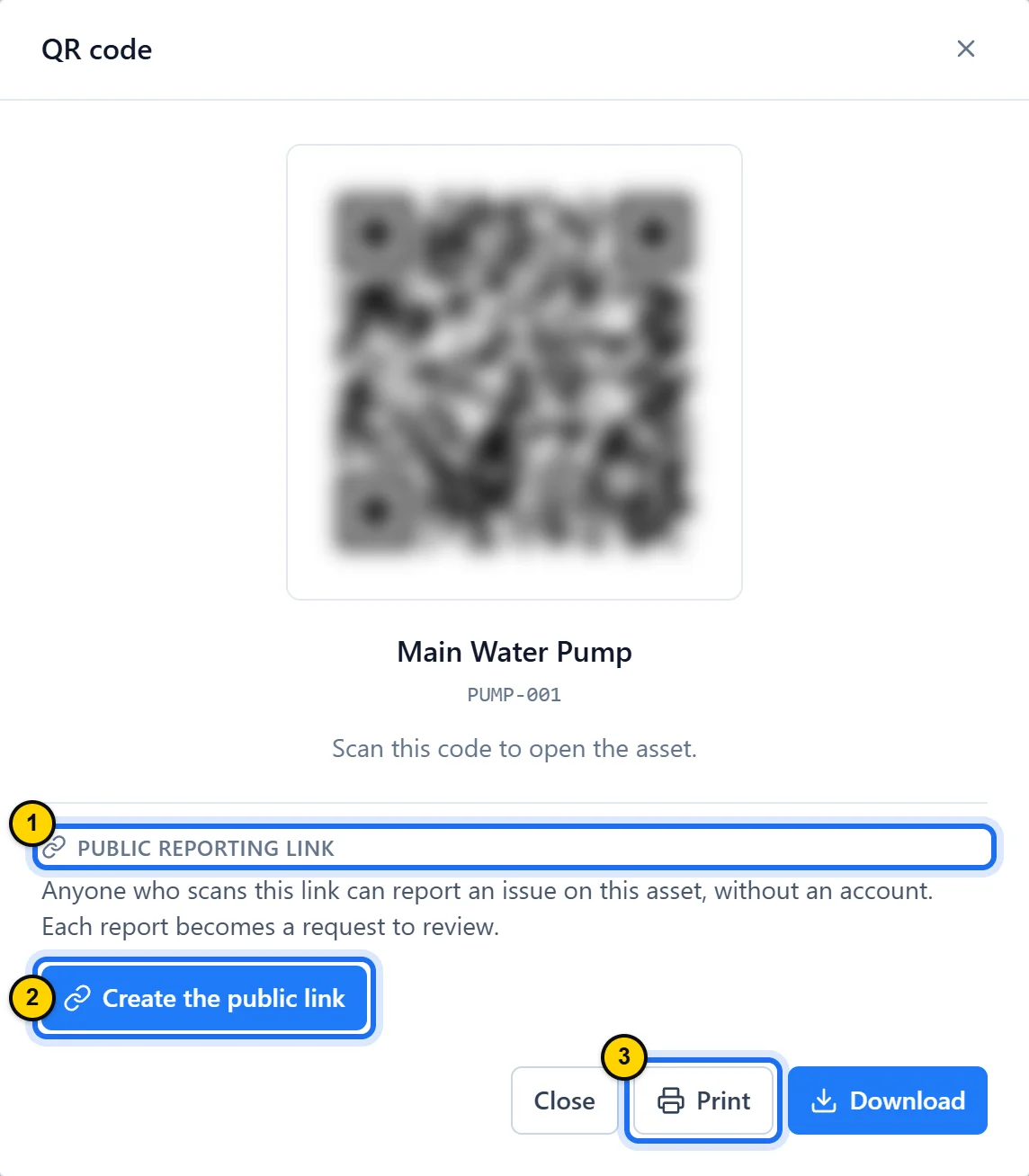 QR code window for the Main Water Pump asset: the QR code (blurred), the Public reporting link section with the Create the public link button, and the Close, Print and Download buttons.