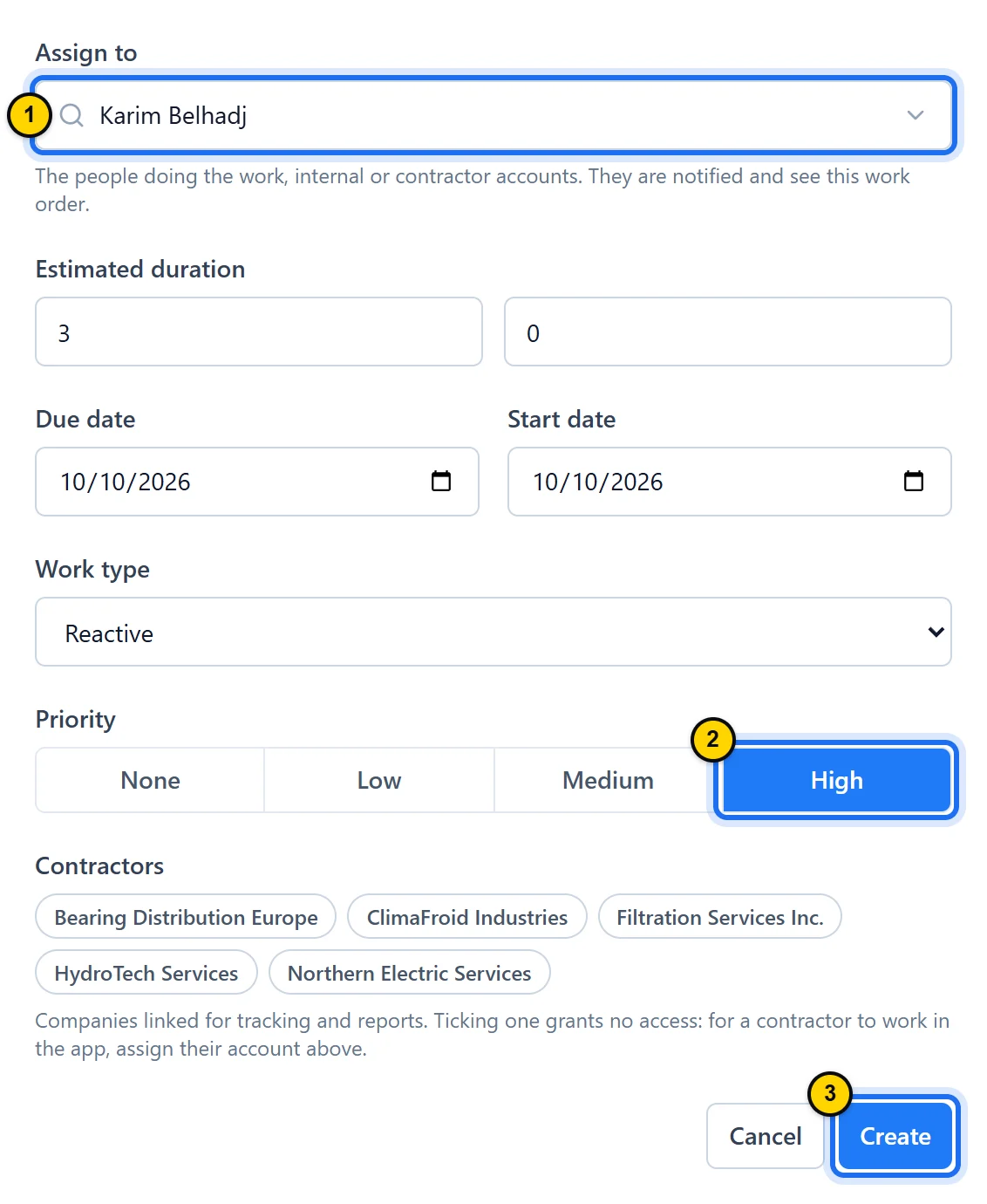 Bottom of the form: Karim Belhadj picked in Assign to, an estimated duration of 3 hours, due date and start date of 10/10/2026, Reactive type, High priority, then the Cancel and Create buttons.