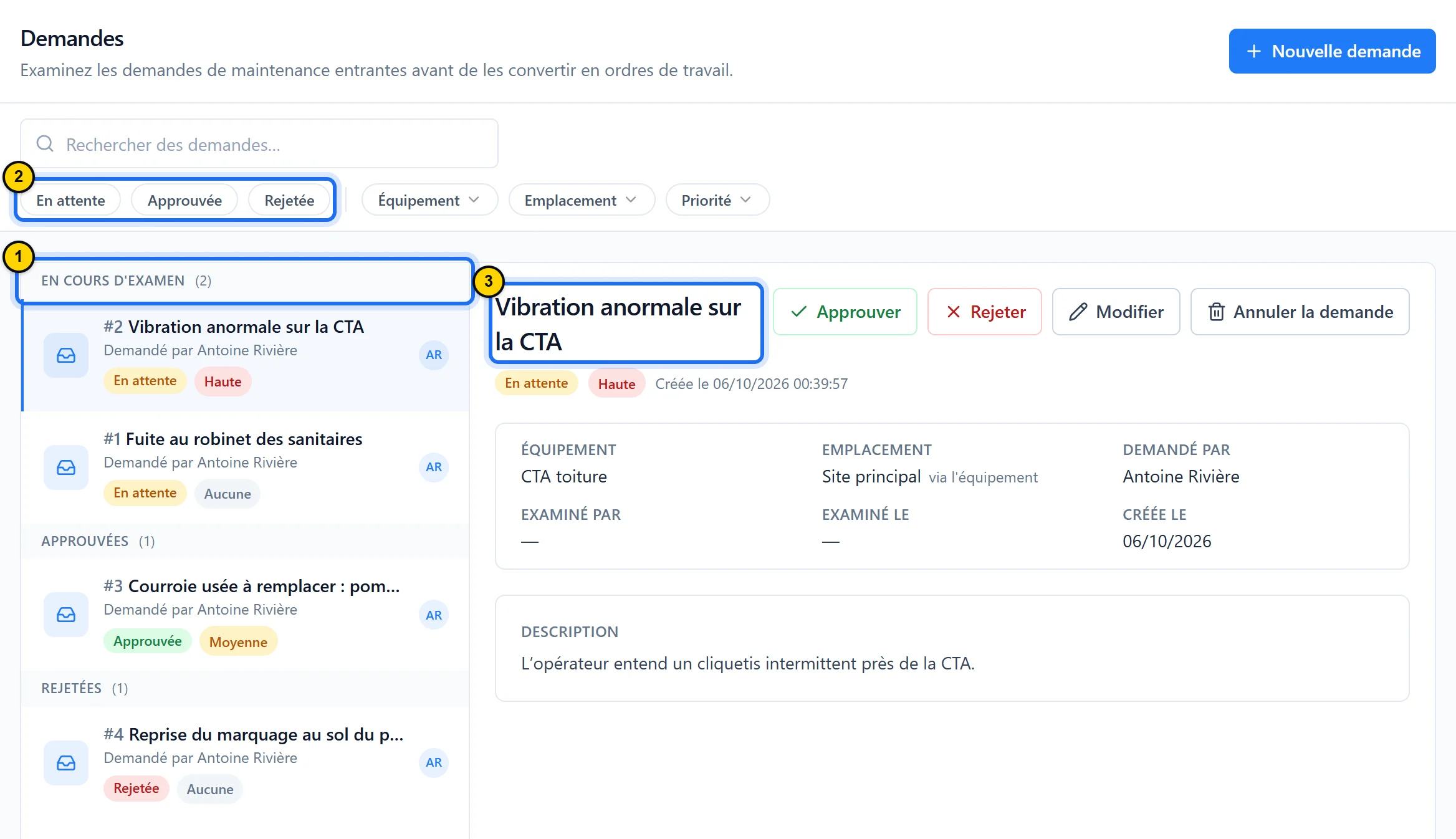 Module Demandes : à gauche, la liste groupée par statut et ses filtres ; à droite, une demande en attente ouverte, avec ses boutons de décision.