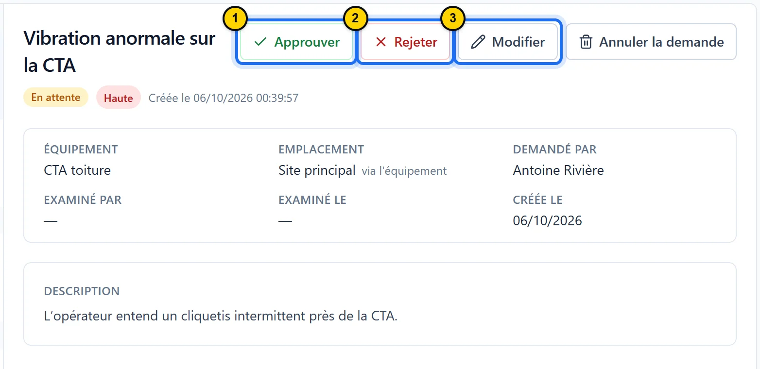 Demande en attente ouverte : boutons Approuver, Rejeter, Modifier et Annuler la demande, puis l’équipement, l’emplacement, le demandeur et la description.