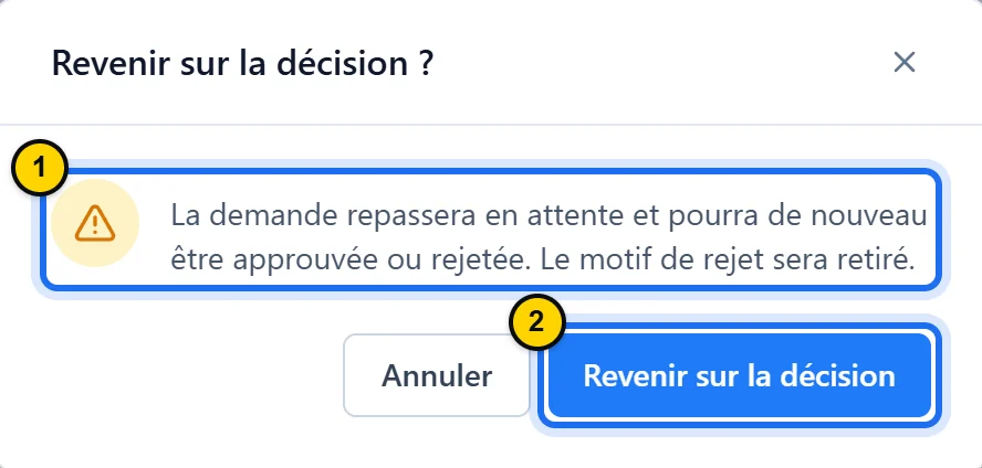 Fenêtre « Revenir sur la décision ? » : la demande repassera en attente et le motif de rejet sera retiré ; boutons Annuler et Revenir sur la décision.