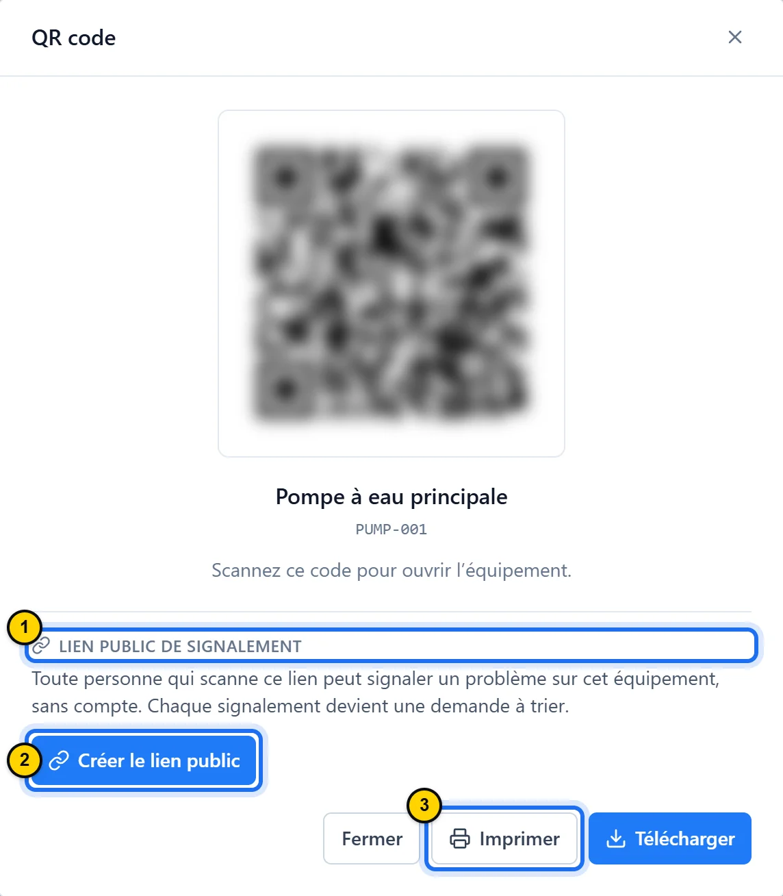 Fenêtre QR code de l’équipement Pompe à eau principale : le QR code (flouté), la section Lien public de signalement avec le bouton Créer le lien public, et les boutons Fermer, Imprimer et Télécharger.