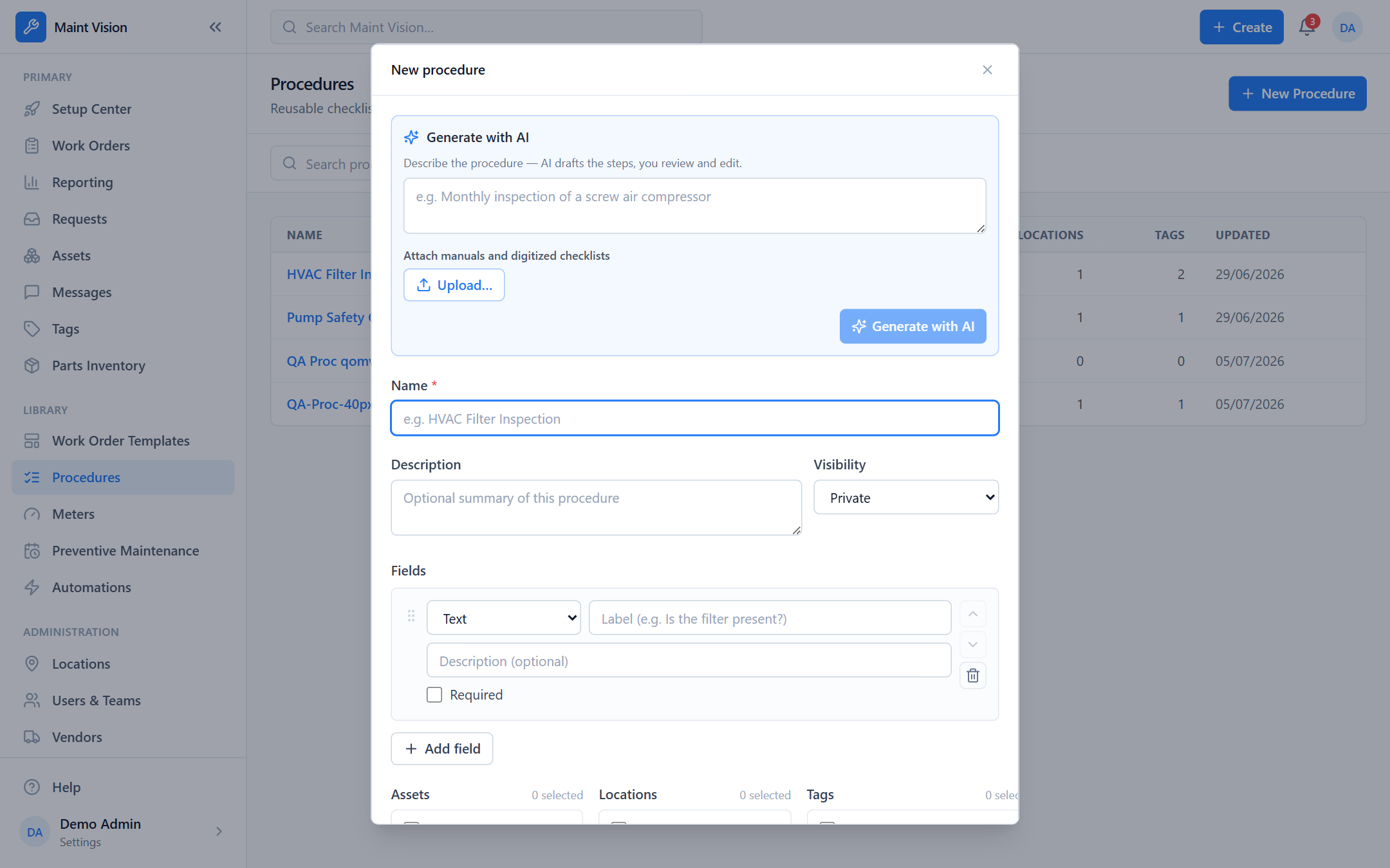 The AI procedure generator in Maint Vision