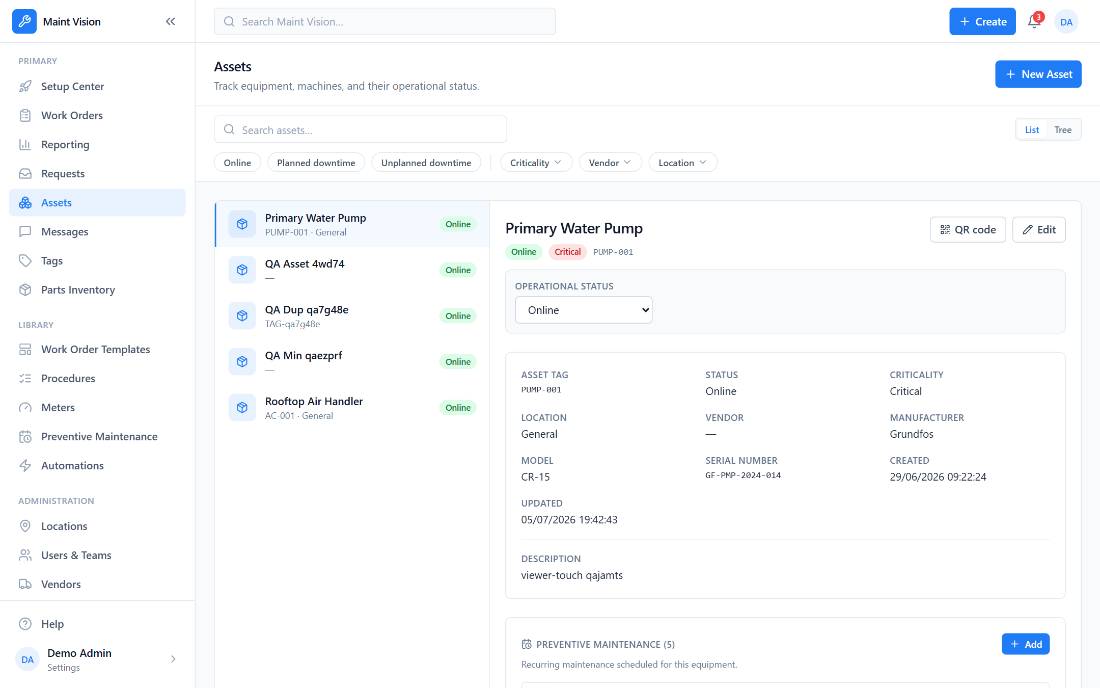 The asset registry in Maint Vision