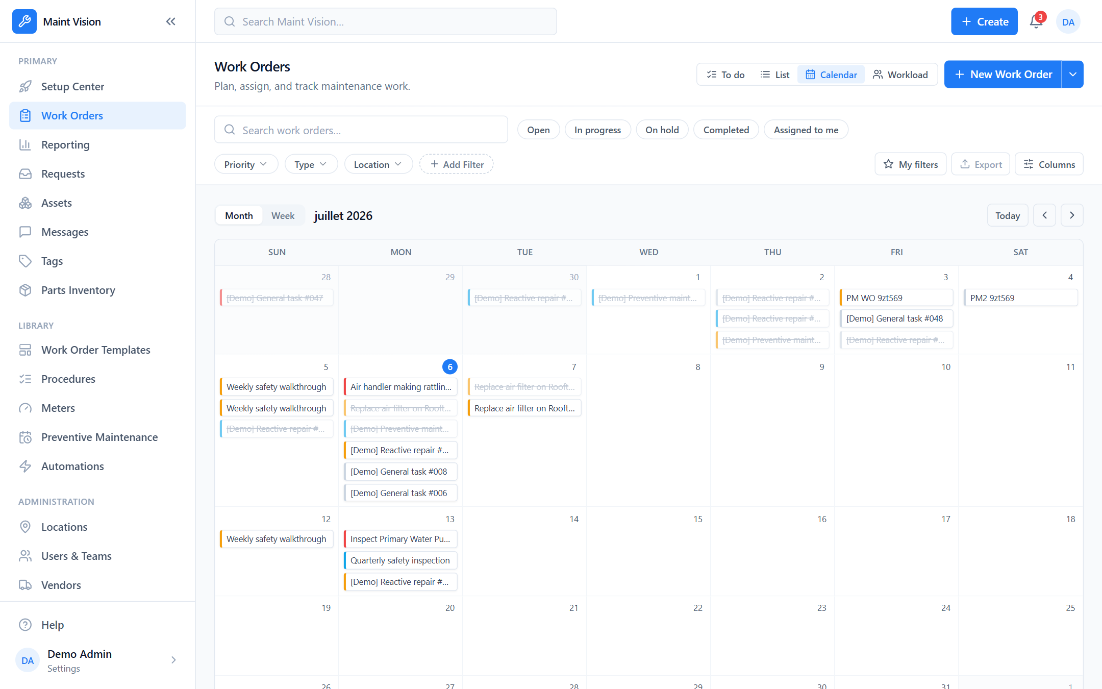 The work order calendar in Maint Vision