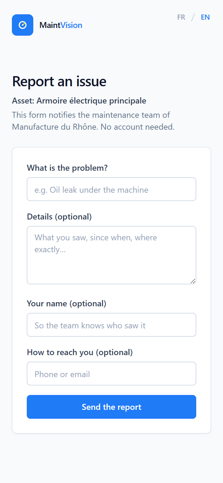 Report a fault with one scan, no account