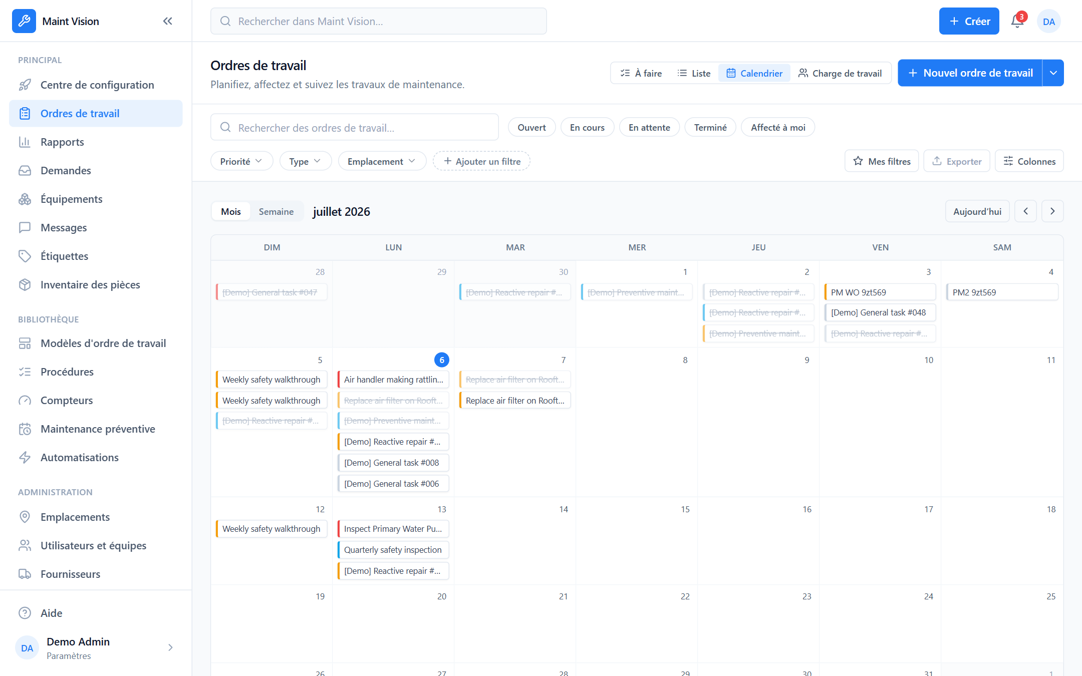 Le calendrier des ordres de travail dans Maint Vision
